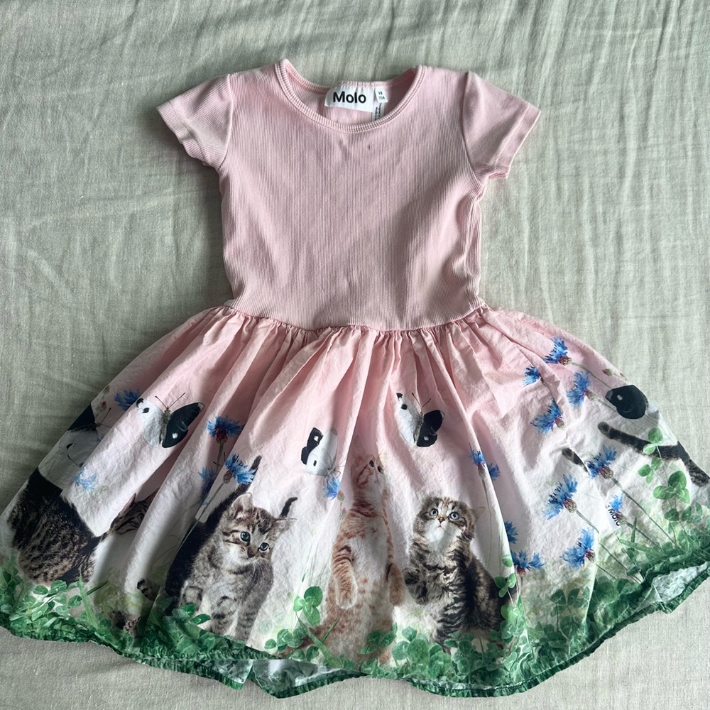 Molo Pink Short-Sleeve Dress with Kitty Print Skirt